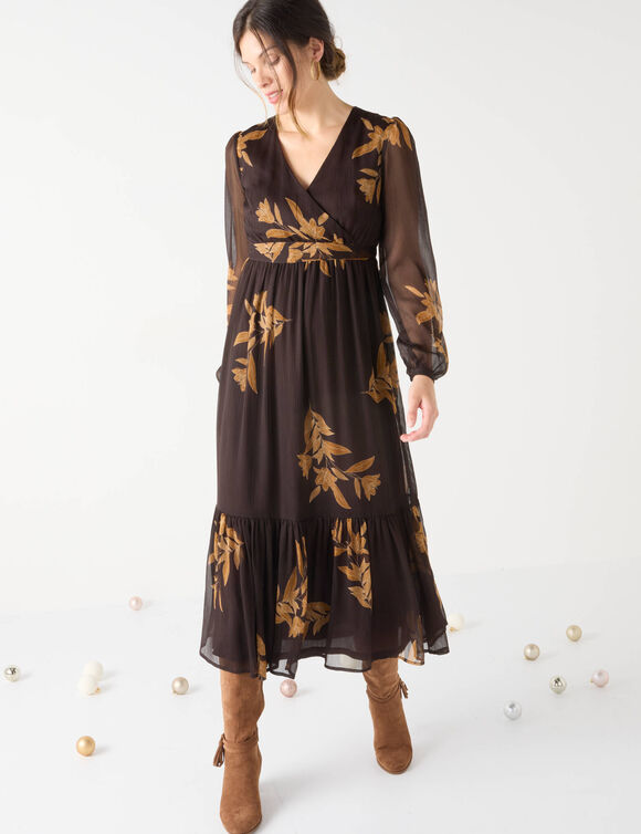 Robe longue volant, voile imprimé (chocolat / caramel) Robe longue volant, voile imprimé (chocolat / caramel)